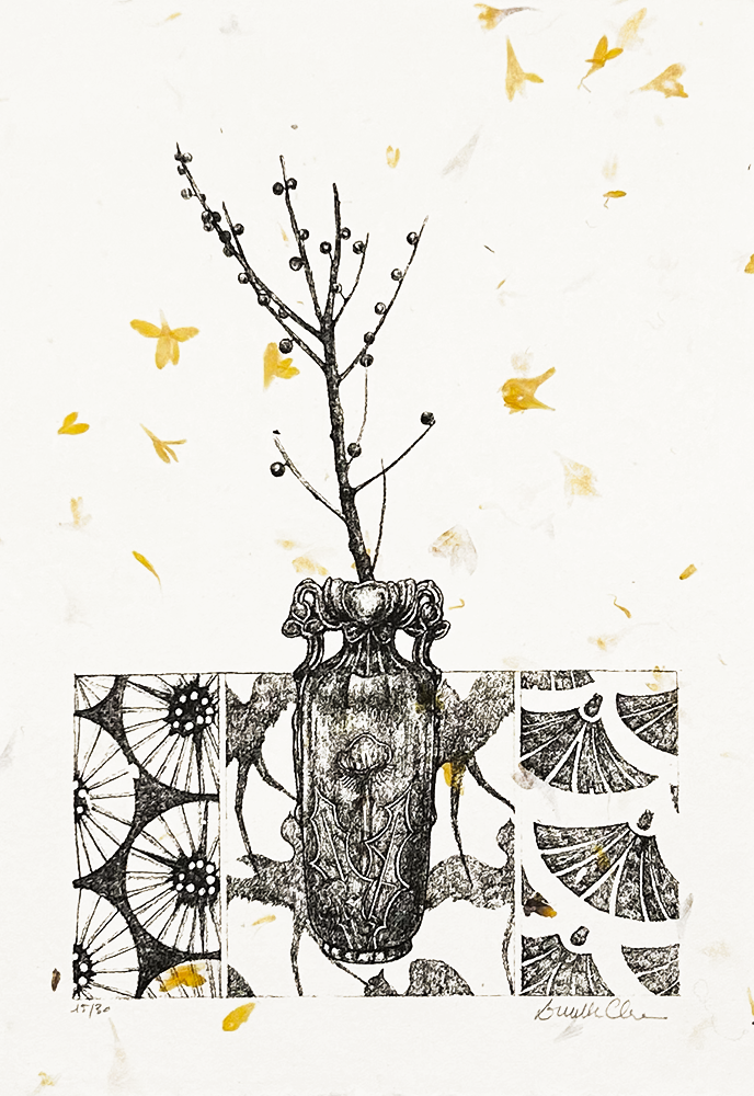 A meticulously crafted black and white illustration titled "Small Flower Posy #1: The Last Branch" features a decorative vase holding its final delicate branch. The background is embellished with abstract patterns interspersed with scattered yellow leaves, creating a textured and artistic composition that beautifully encapsulates the fleeting beauty of a flower posy.