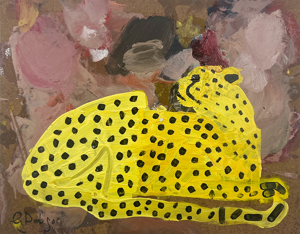 An artistically rendered seated cheetah commands attention amidst a backdrop of abstract brown and pink brushstrokes, beautifully showcasing the elegance and inventive spirit inherent in modern art.